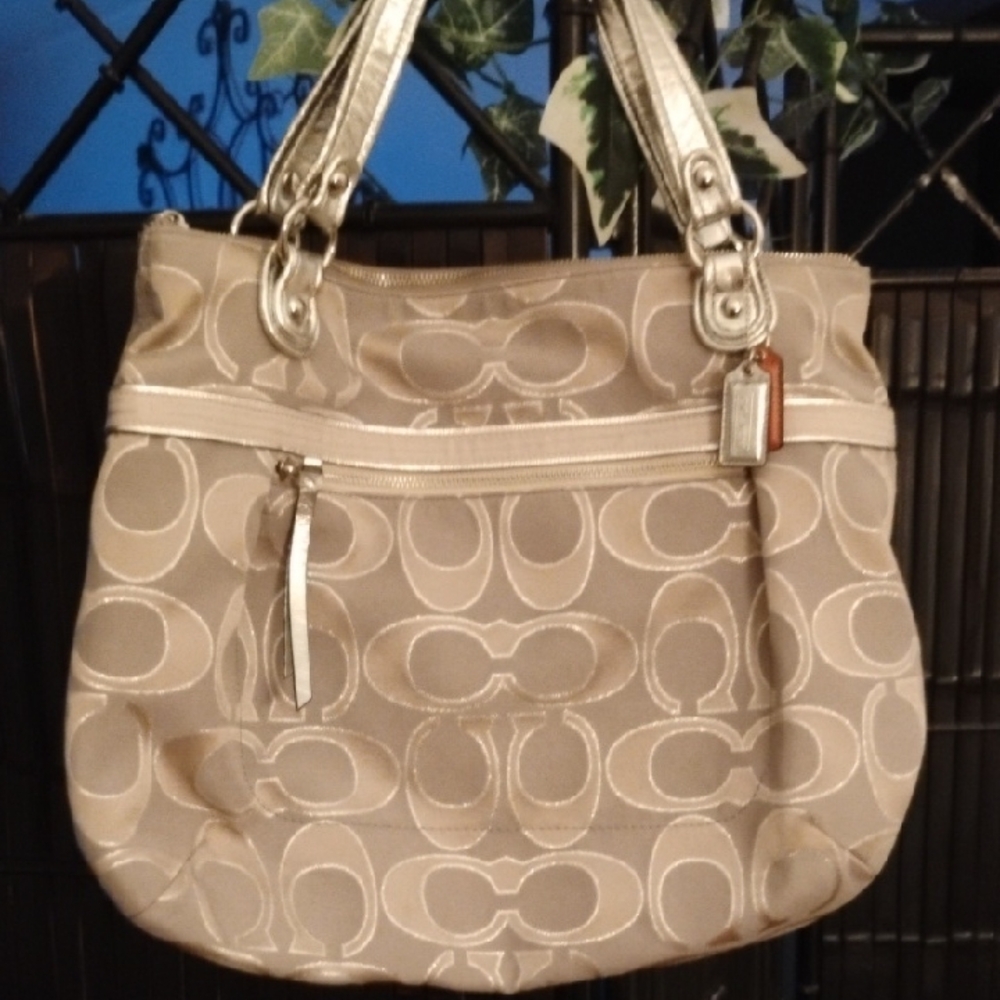 Coach Optic Signature Metallic Silver Tote Bag